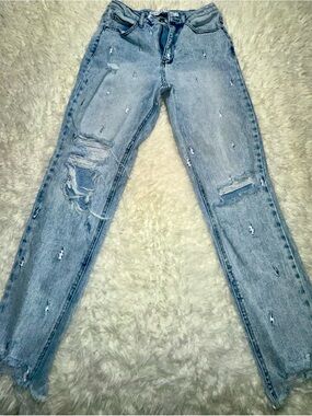 Tinseltown Light Blue Distressed Lightning Bolt Jeans
